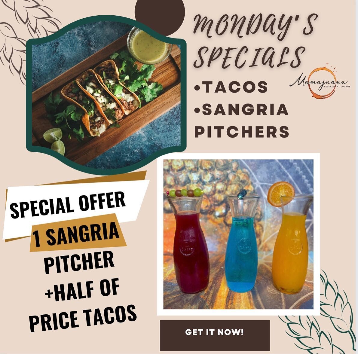 Big surprise !🤩

We will now have an amazing special every Monday to pleased our customers with some  refreshing sangrias and tasty tacos.

This especial consist of&hellip;&hellip;

&bull;Beef Tacos 🌮 
&bull;Chicken tacos 🌮 
&bull;Sangria Pitchers