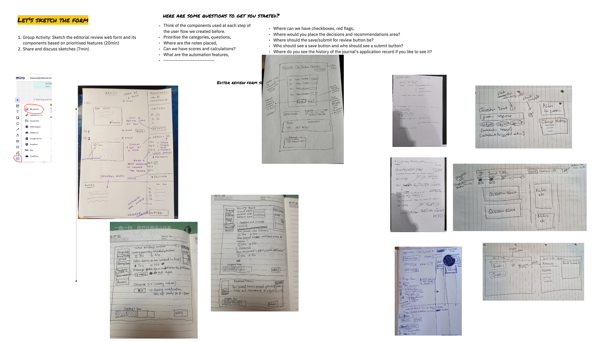 Five paper sketched future forms- including features and functions.