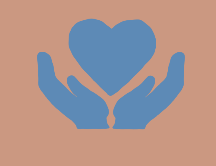 Two blue hands holding a blue heart on a brown background.