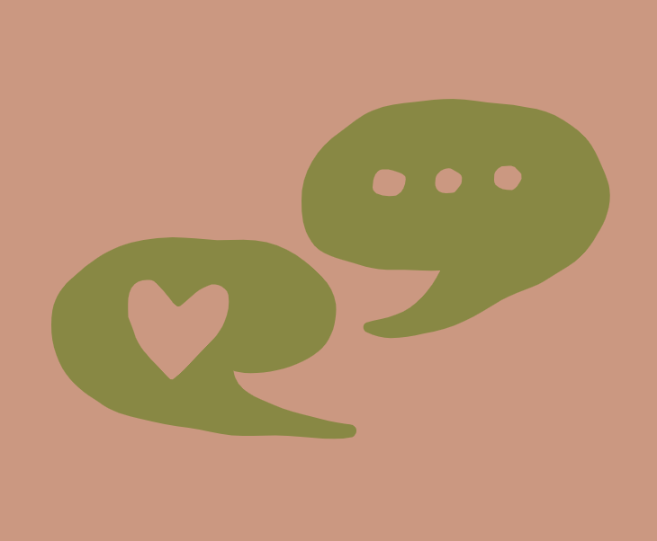Two green speech bubbles on a pink background, one with a heart shape and the other with three dots.
