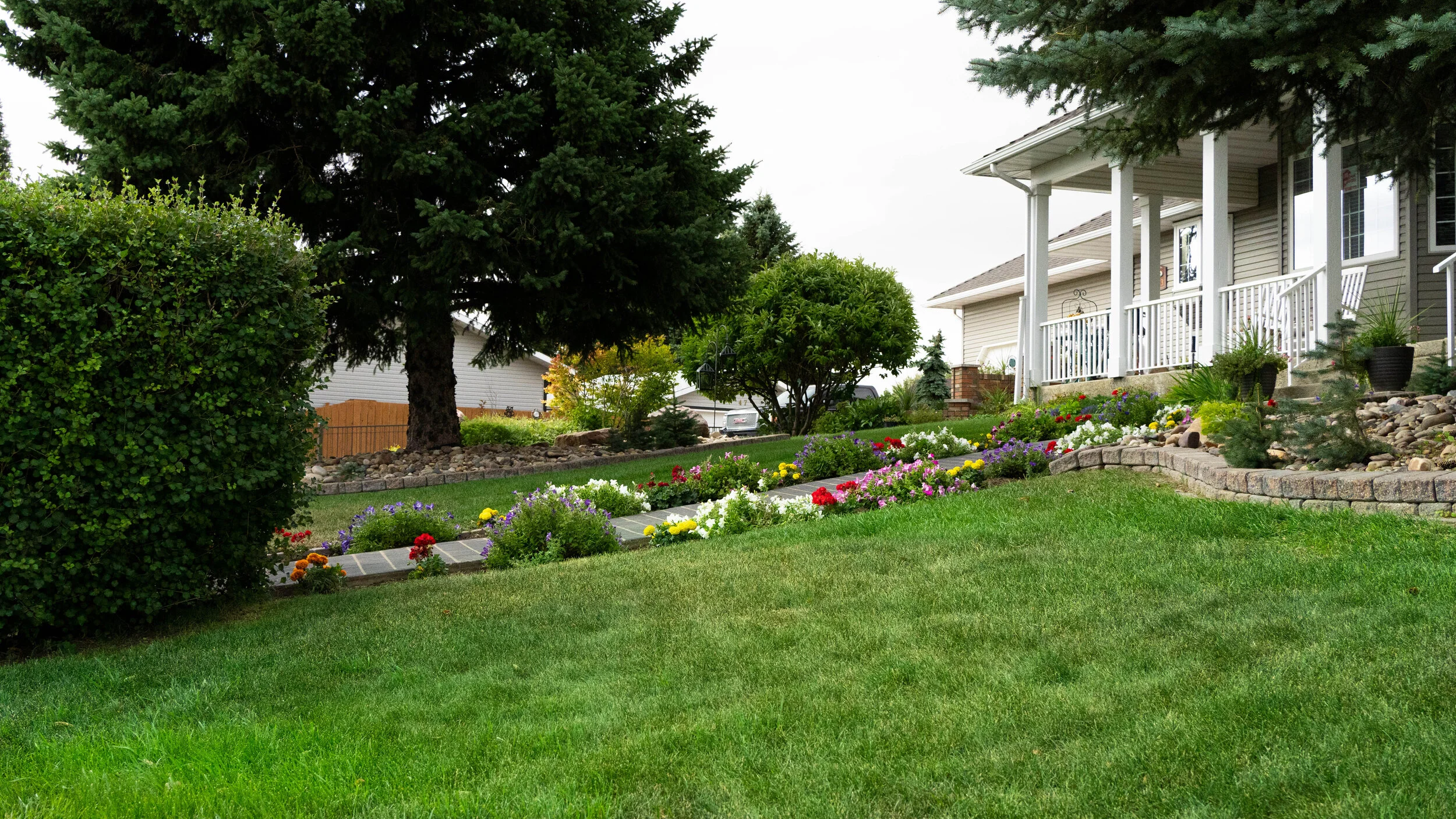 Well maintained front lawn with flower bed