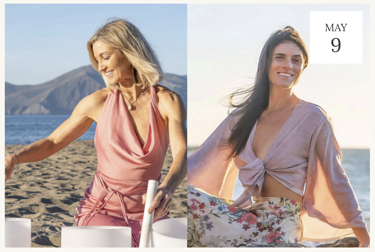Two women at the beach, one older with blonde hair wearing a pink satin dress, and one younger with long dark hair wearing a pink top tied at the front and a floral skirt, with the date May 9 in the top right corner.