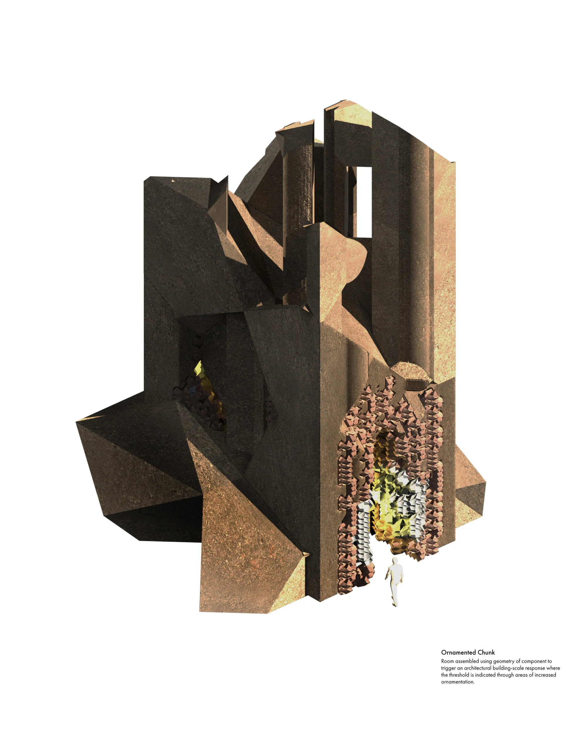 The system explained as a series of geometries that are organised in relation to a pedestrian by their level of ornamentation.