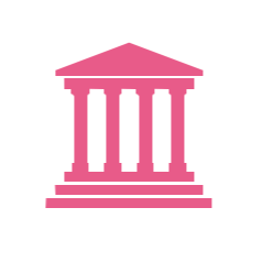 A pink illustration of a classical building with columns and a triangular pediment.