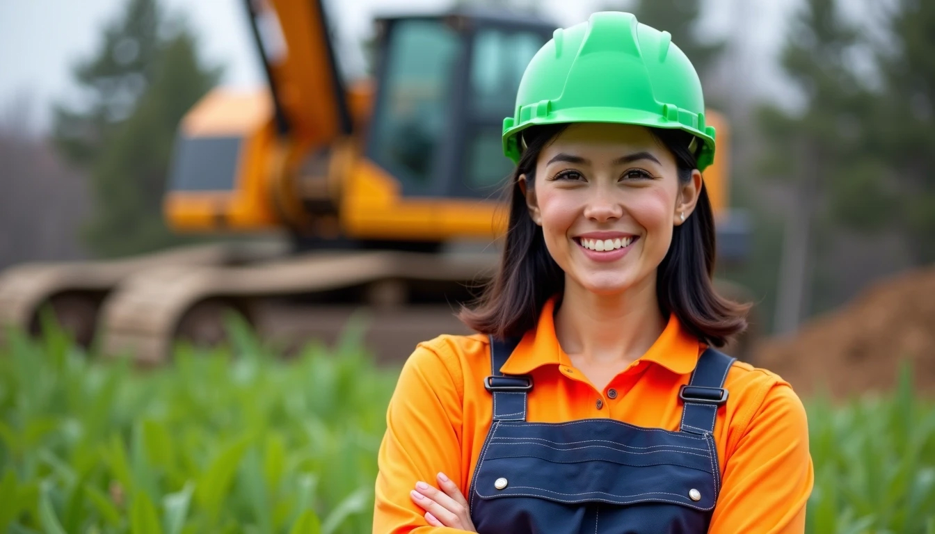 Woman in green hard hat and orange shirt smiling in a field with construction equipment in the background.