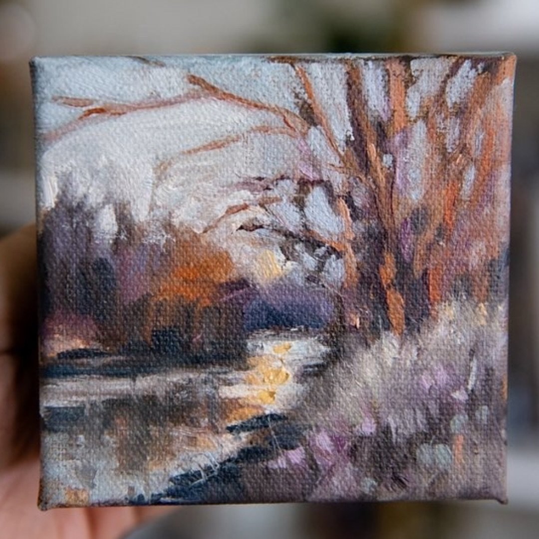 This tiny little landscape will be available at the @thegardengalerie show in just a few weeks! Save the date- it will be the coziest holiday exhibit with some incredible art!! Raise your hand if you&rsquo;re coming!!! 🙋🏻&zwj;♀️ DM me for the addre