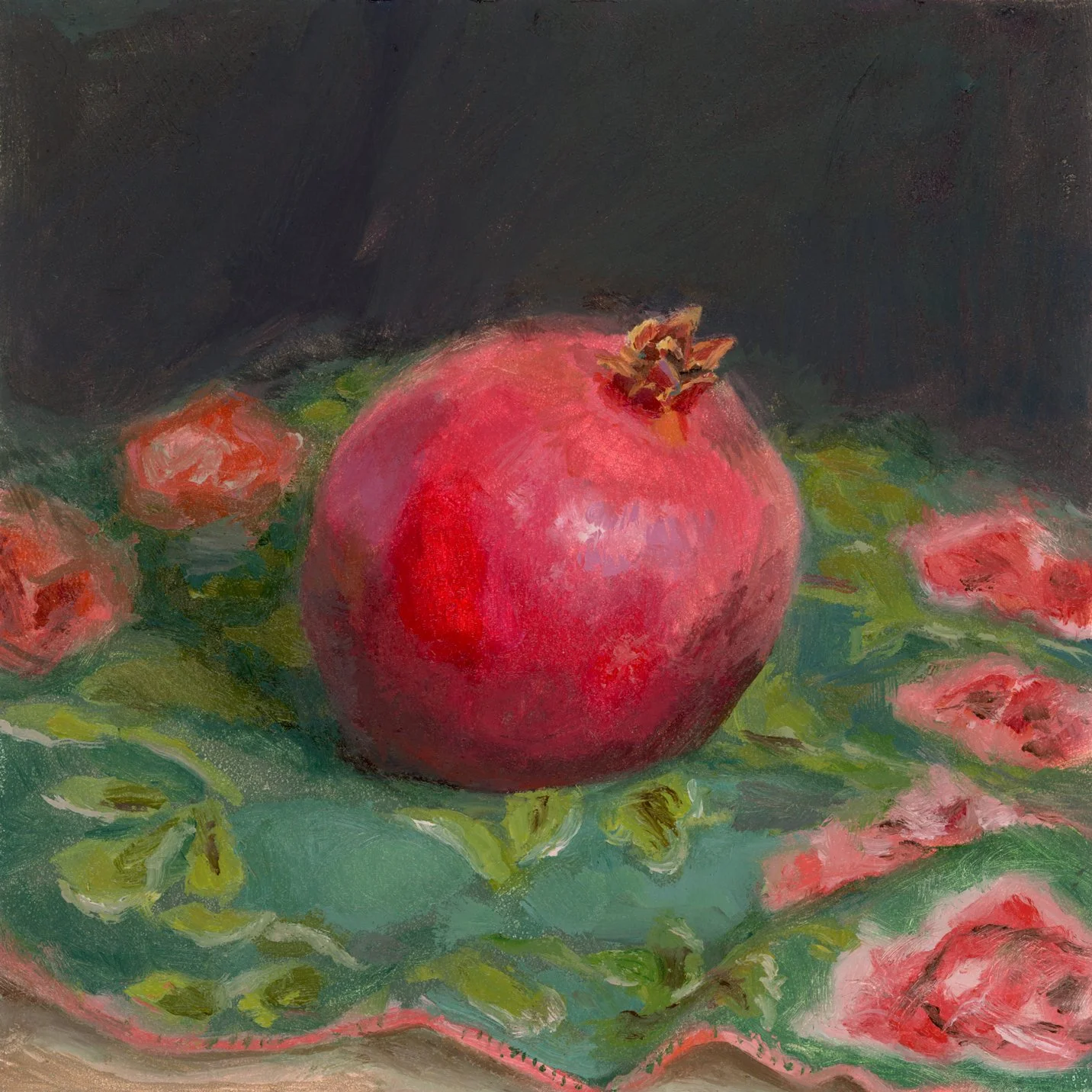 Pomegranate with Green Vintage Handkerchief, 4x4", oil on panel, SOLD