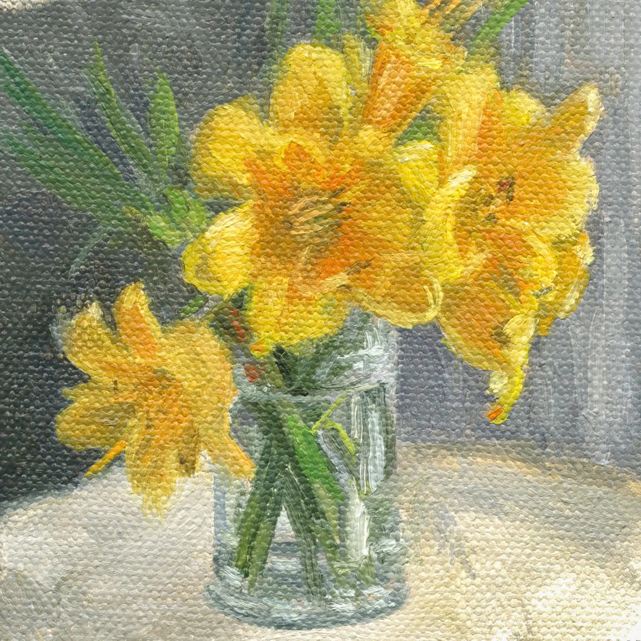 Daffodils in Clear Vase, 4x4", oil canvas, SOLD