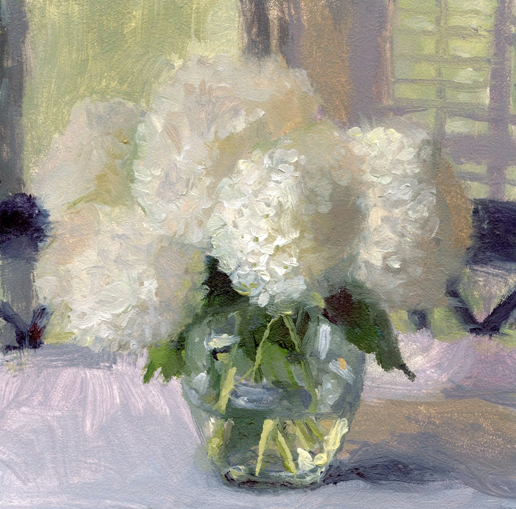 White Hydrangeas, 4x4", oil on panel, SOLD