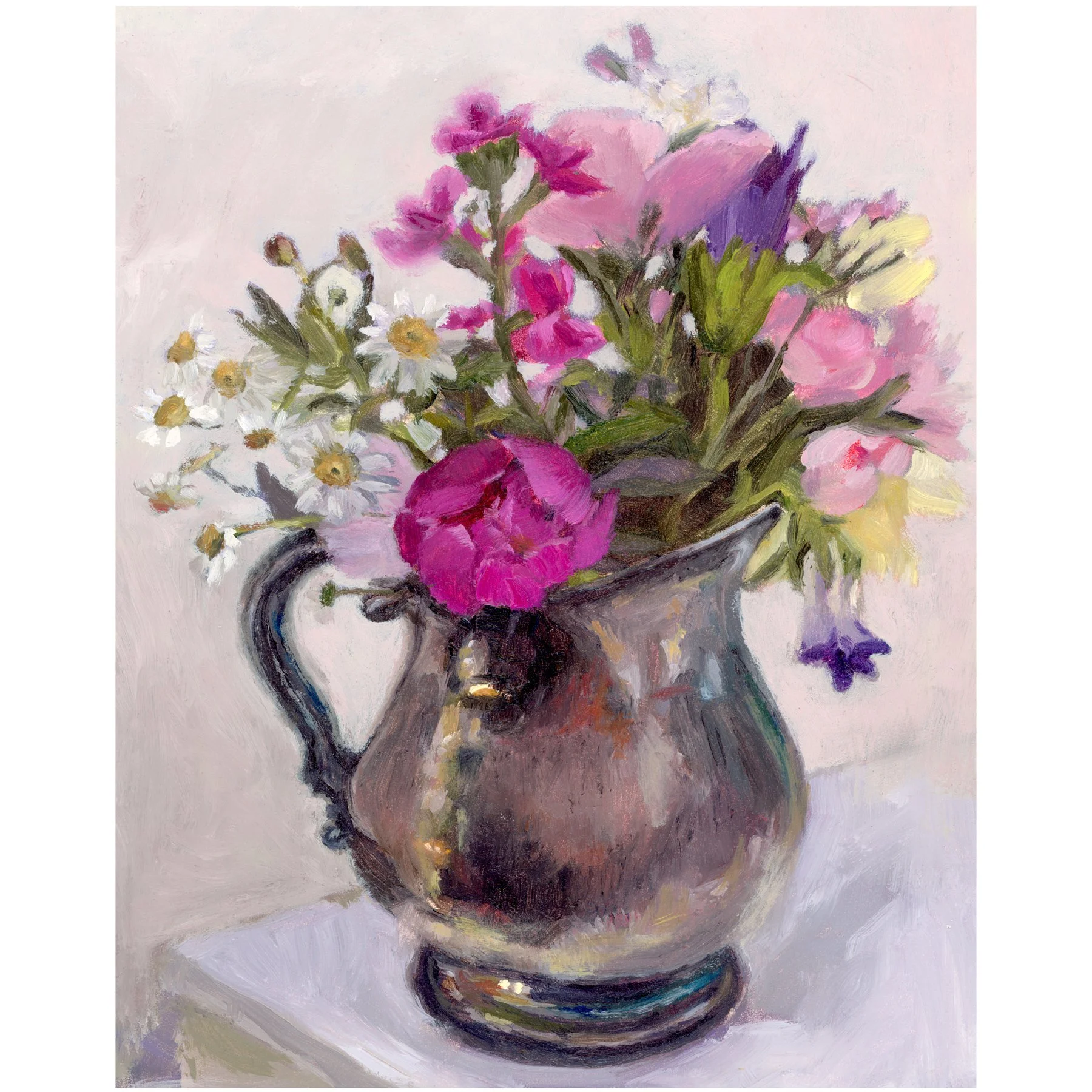 Spring Peony Bouquet in Silver Pitcher 5x7" FRAMED
