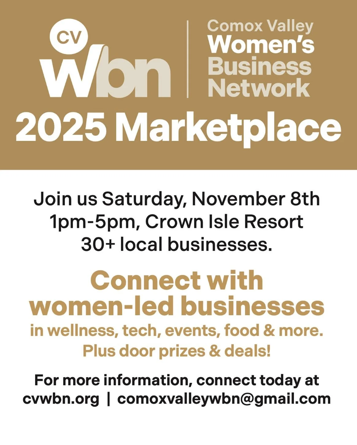 As you may know, Chrissie is the current Women’s Business Network President and proud to be a part of the first ever WBN Marketplace, taking place on Saturday, November 8, 2025, from 1:00 PM to 5:00 PM at Crown Isle Resort.
Free admission!
The