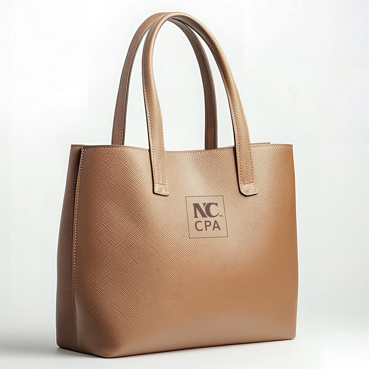 Tan leather handbag with two handles and a patterned texture. Features "NC CPA" logo on the front.