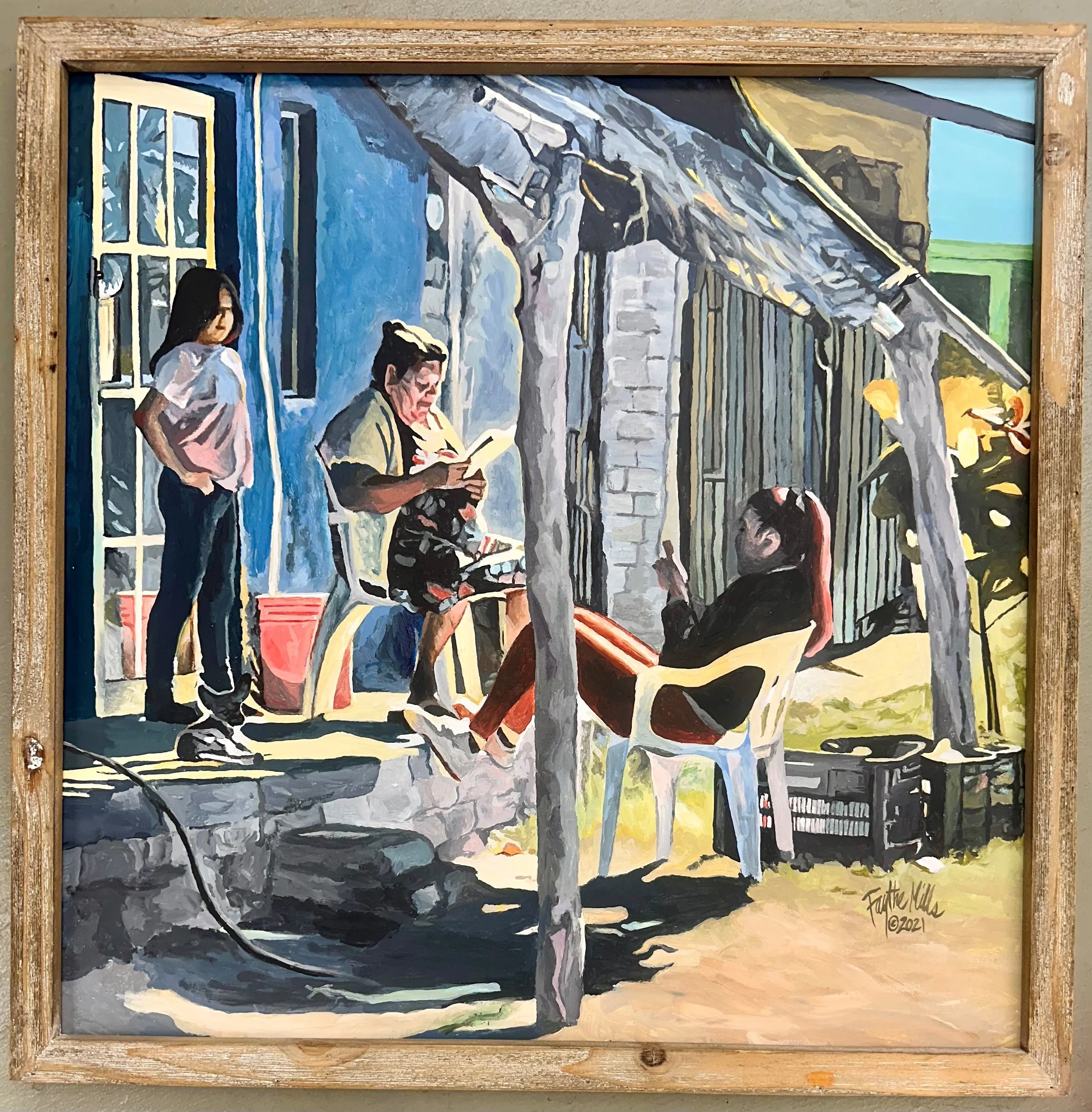 painting of women sitting on an old porch reading