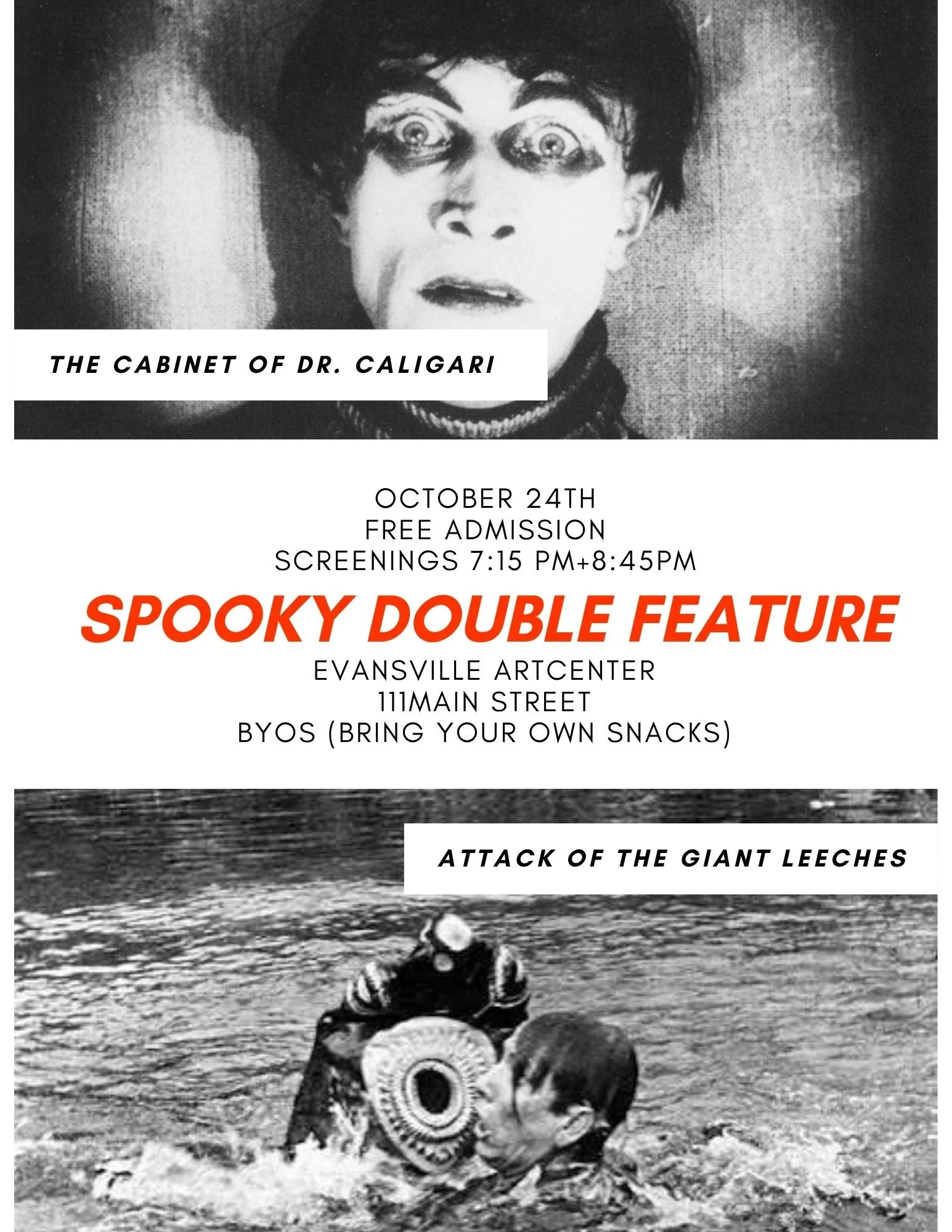 Poster showing The Cabinet of Dr. Caligari and Attack of the Giant Leeches