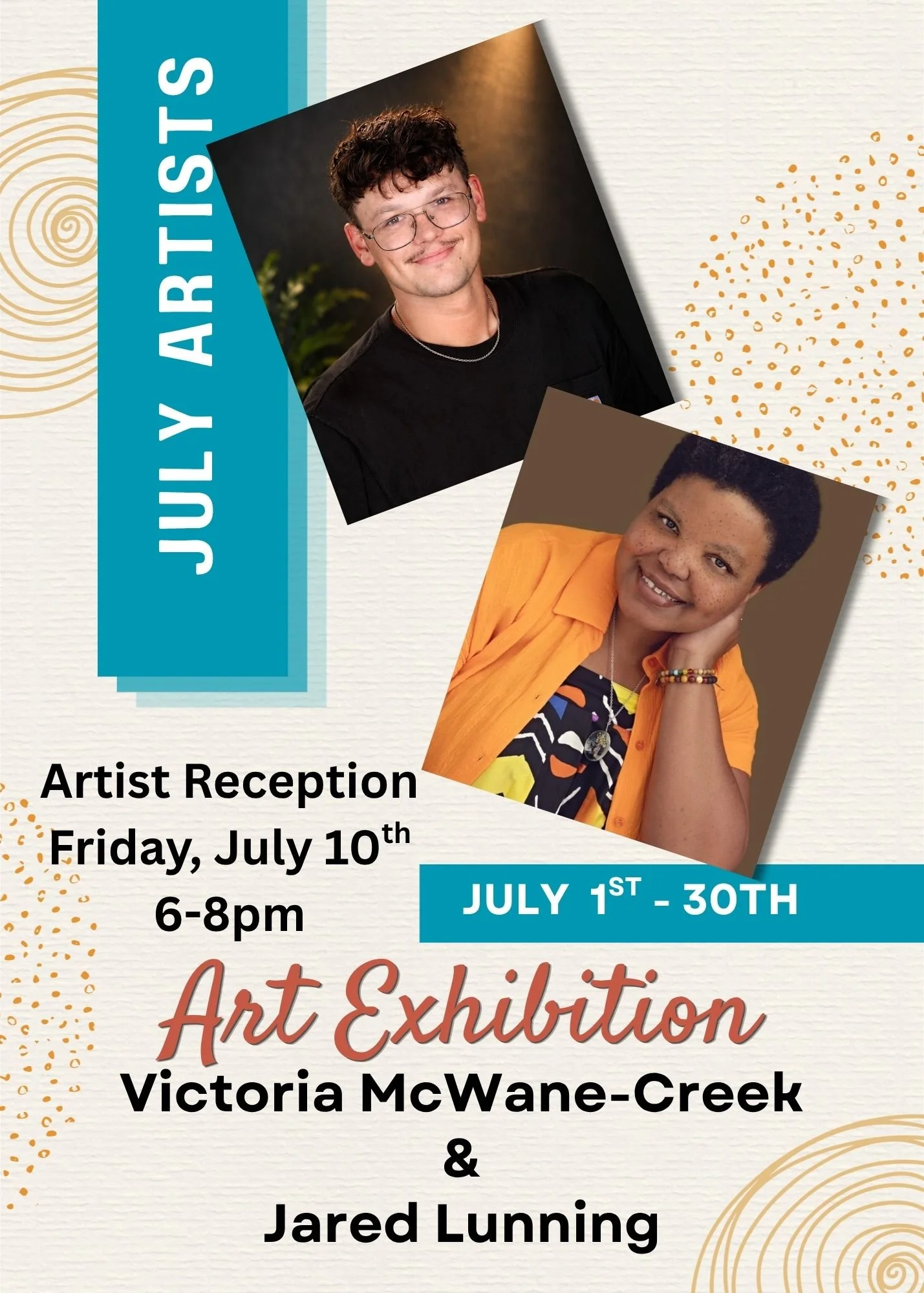 Poster announces artist reception and shows Victoria McWane-Creek and Jared Lunning