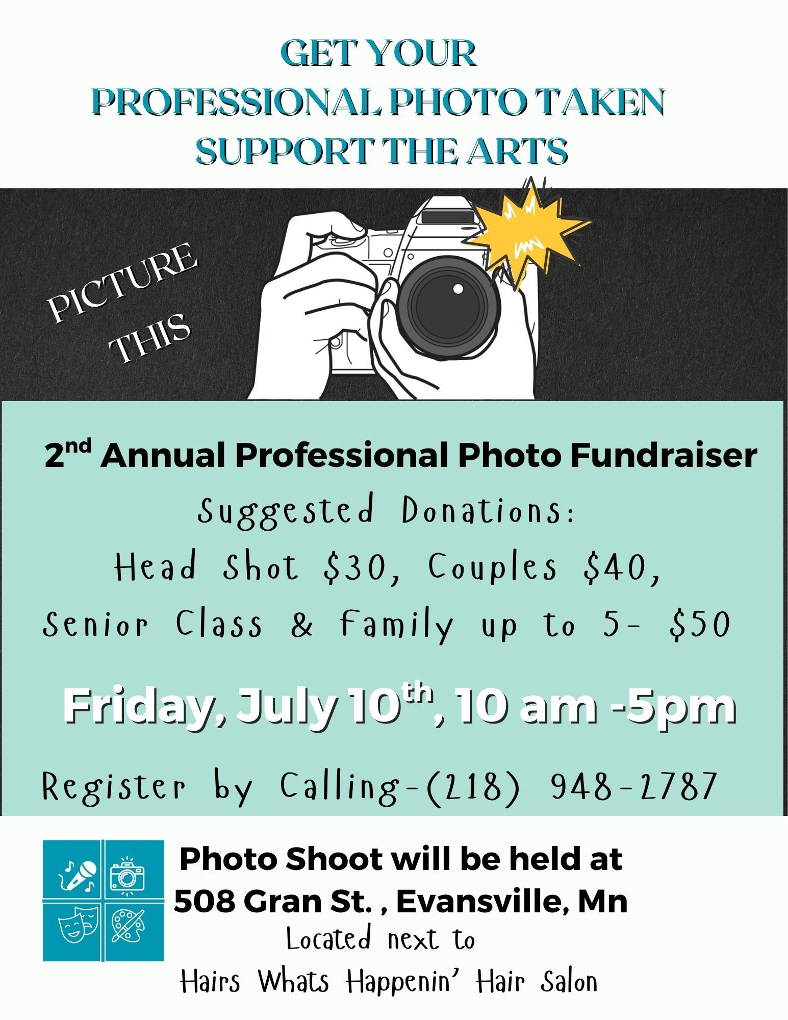 Cartoon picture of a flashing camera with information about the Picture This fundraiser