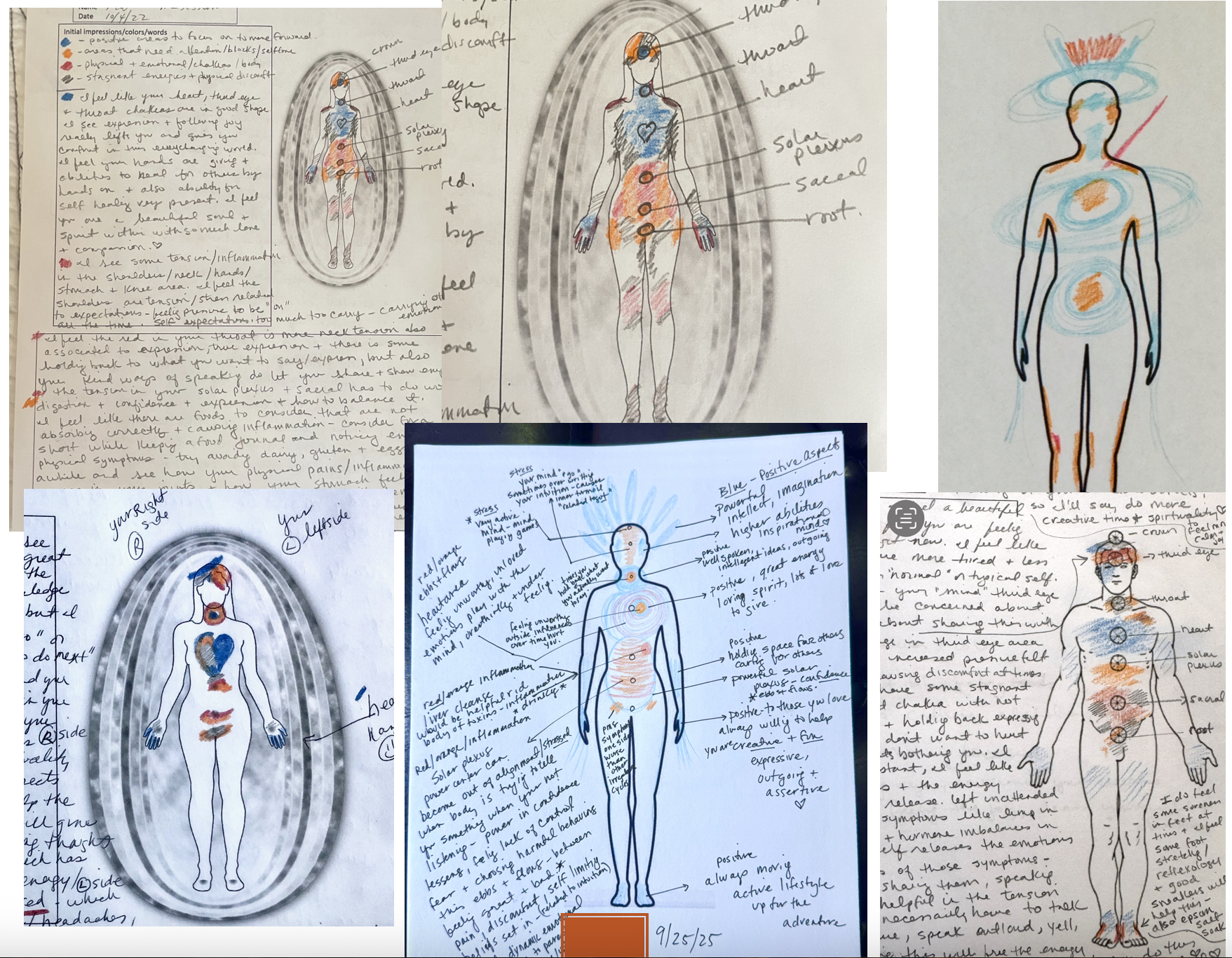 Collection of handwritten and illustrated notes and sketches of the human body and mind, featuring colorful diagrams and annotations about emotions, energy, and physical sensations, with emphasis on the head, heart, solar plexus, and root chakras.