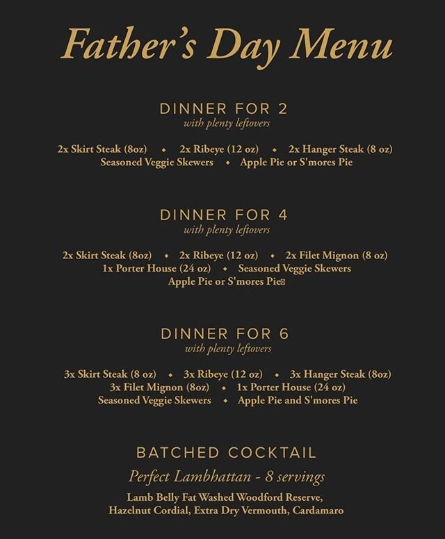Last call! We are taking Father's Day pre-orders until 4PM TODAY. Head to our website to place your orders, simply click the drop down menu on the left hand side to find our To-Go Father's Day Specials. We have ready to grill steak options and a spec
