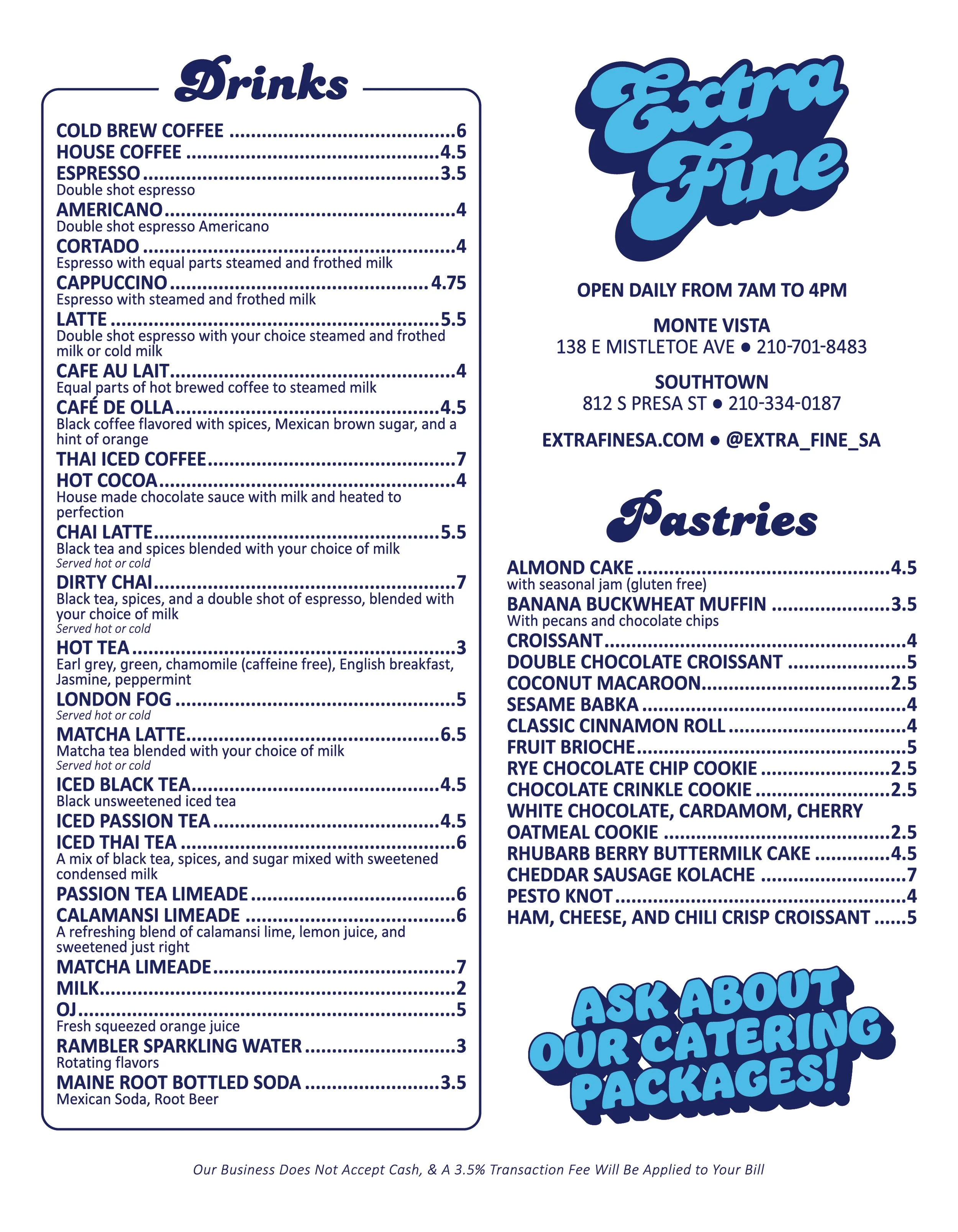 Extra Fine Drink and Pastry Menu