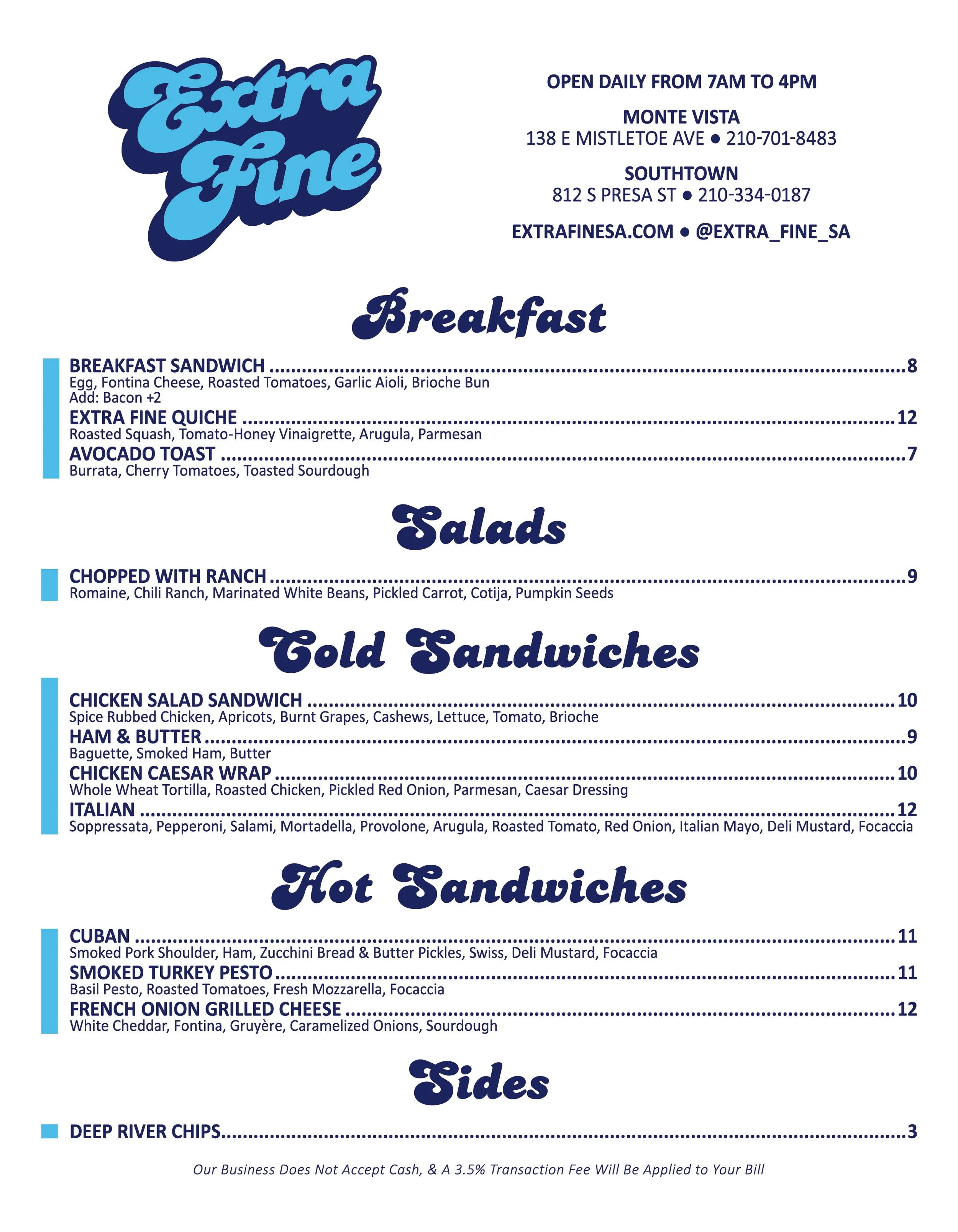 Extra Fine Food Menu