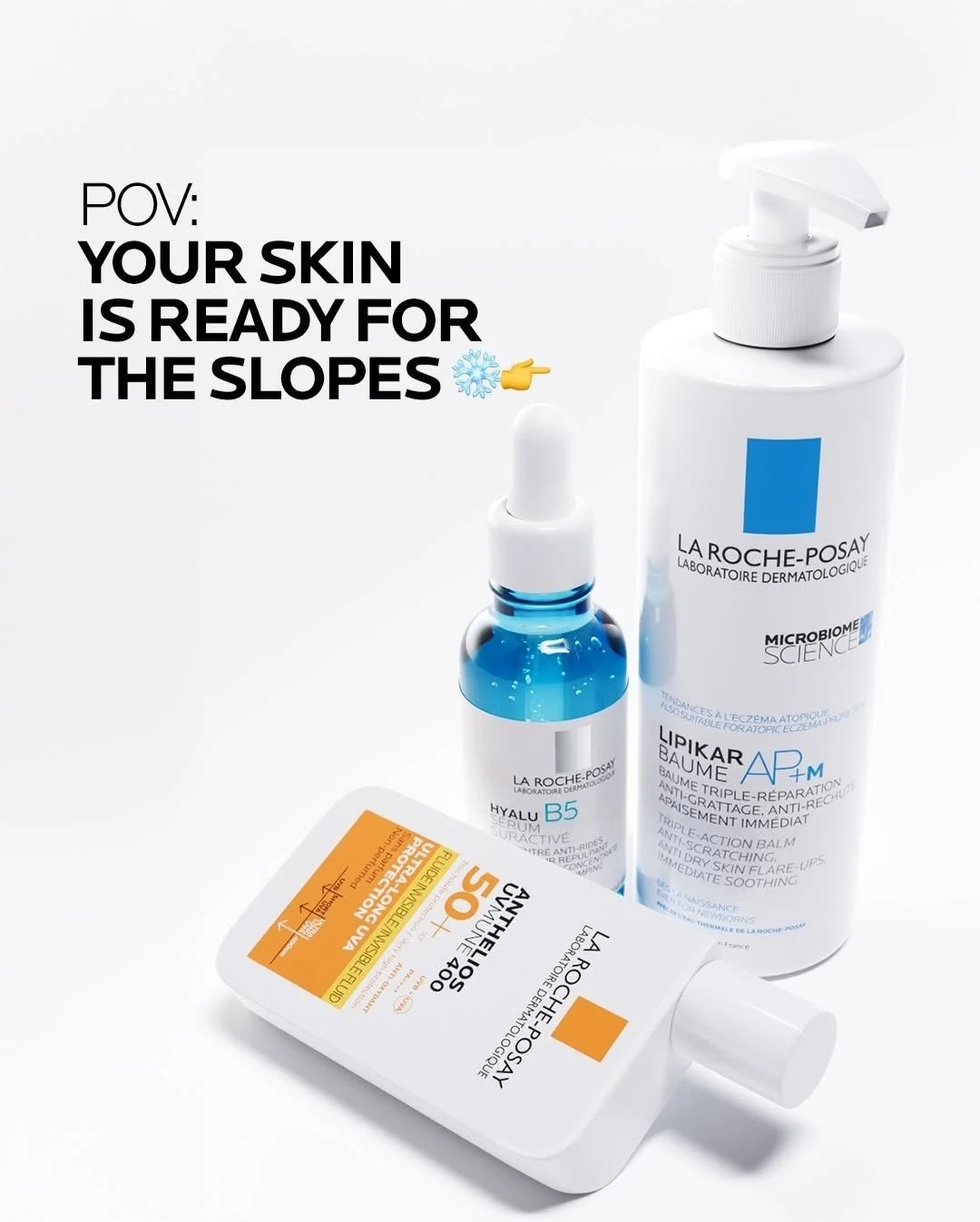 Winter has arrived! Hitting the slopes soon? ⛷️ Make sure your skin is ready for the elements:

✨ Bring AM &amp; PM defense: The new Hyalu B5 Suractivated Serum locks in moisture, Lipikar Baume AP+M calms and restores, and Anthelios UVMune 400 keeps 