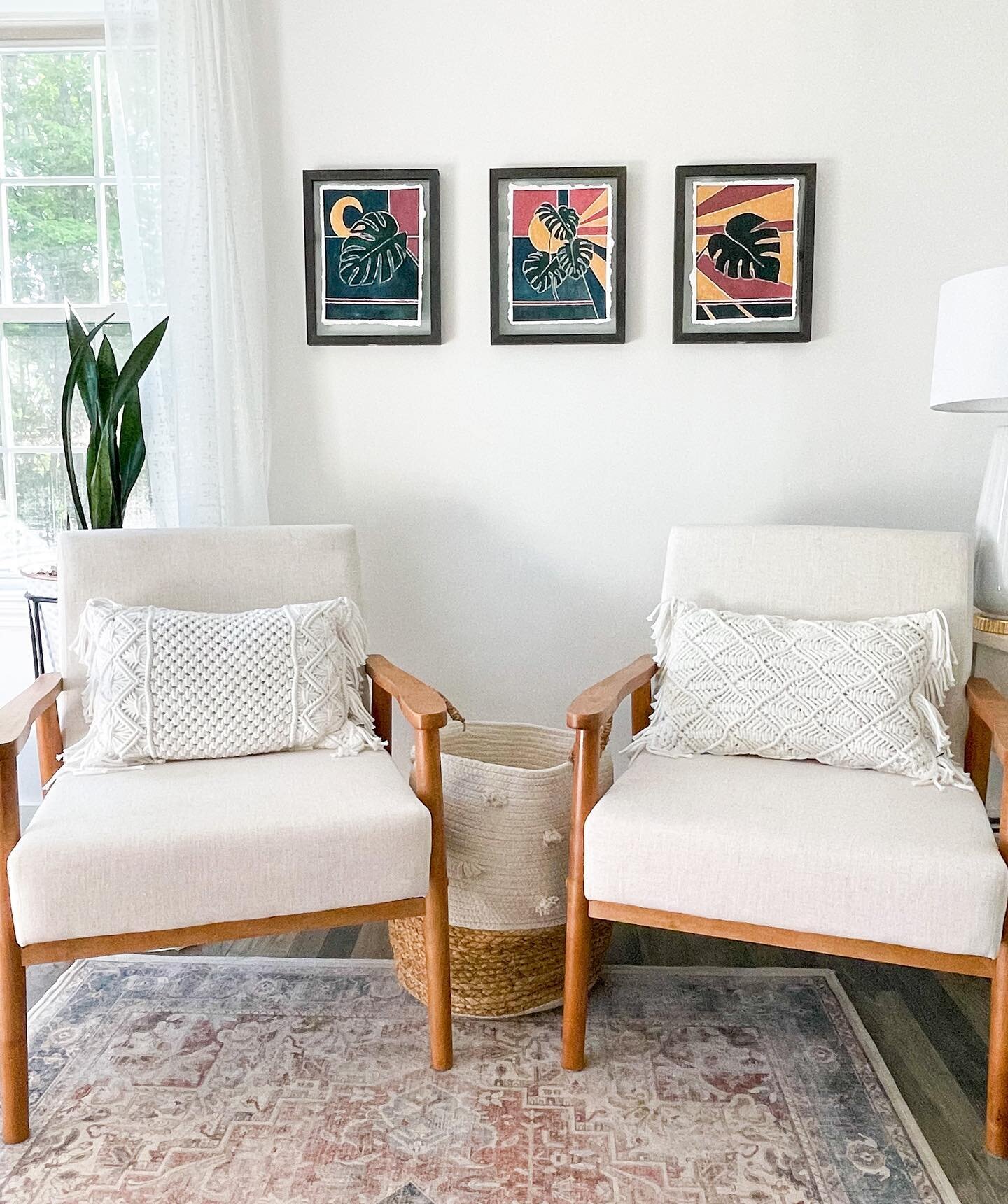 Painted these fun pieces for one of my favorites spaces in our home! Something a bit different, but I love the shapes of the monsters leaves and the play on night and day.  Swipe to see close ups of the three pieces. 
.
.
.
.
.
#interiordesign #bedro