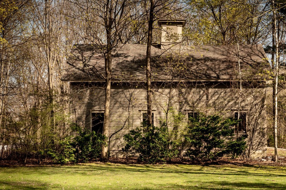 Old house surrounded by bare trees and bushes in a forest setting.