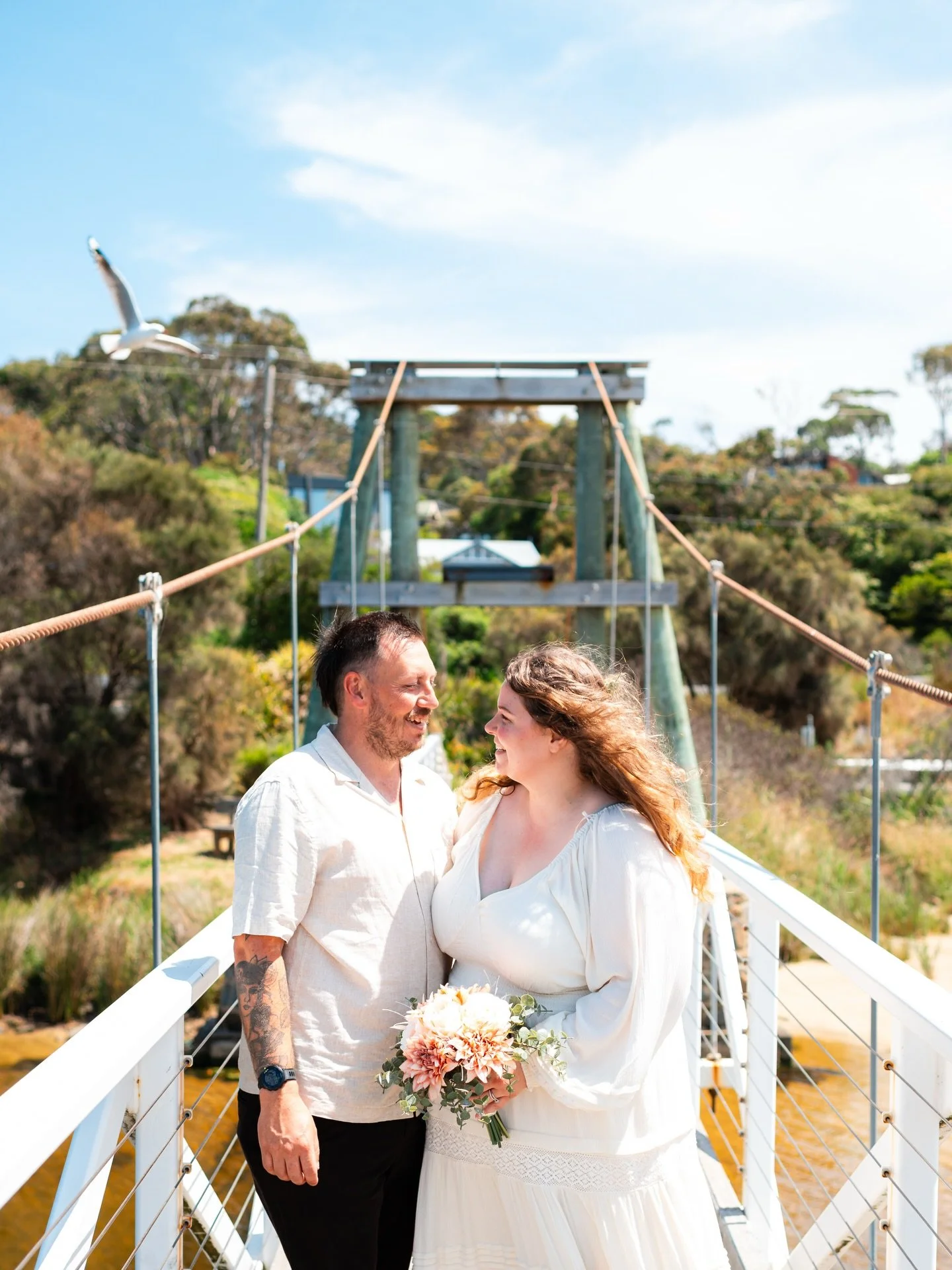 💐Paige &amp; Rikk&rsquo;s elopement in December

A lovely @idodrivethruweddings ceremony by @chloecelebrant with the Lorne Swing Bridge as a backdrop. Doesn&rsquo;t get much better than that! 

#surfcoastweddings #lornewedding #geelongwedding