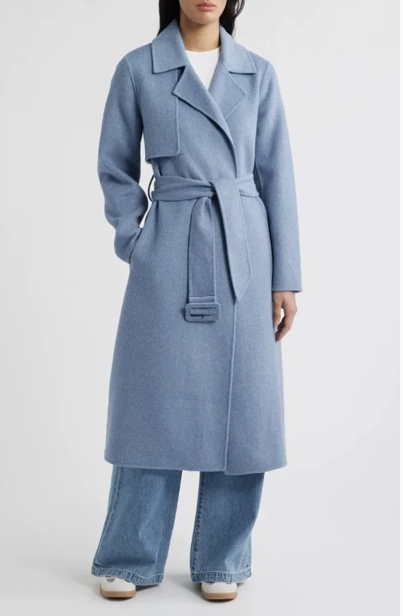 Light blue belted wool coat styled by Tracy Cyprow – elevated winter style inspiration for NYC and Bay Area women