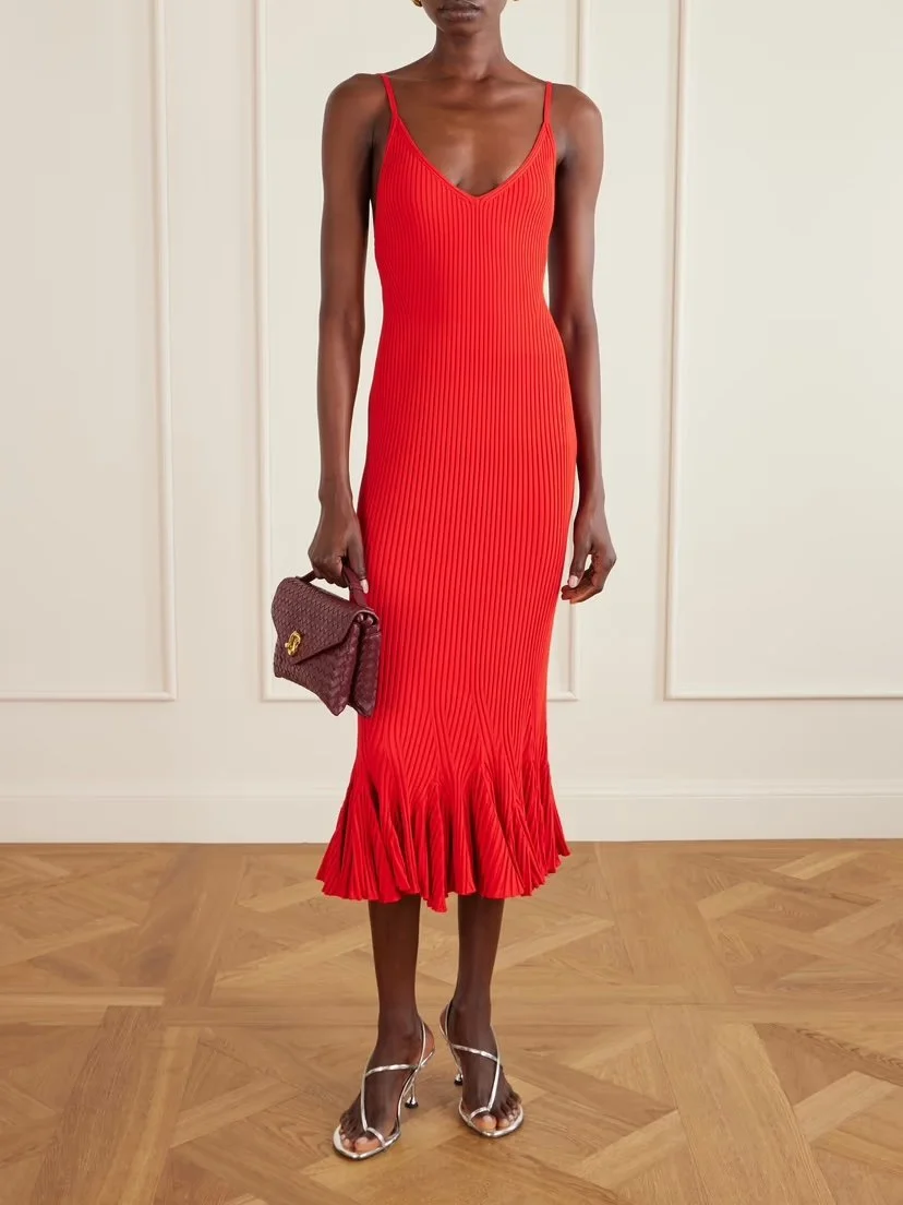 Red pleated midi dress