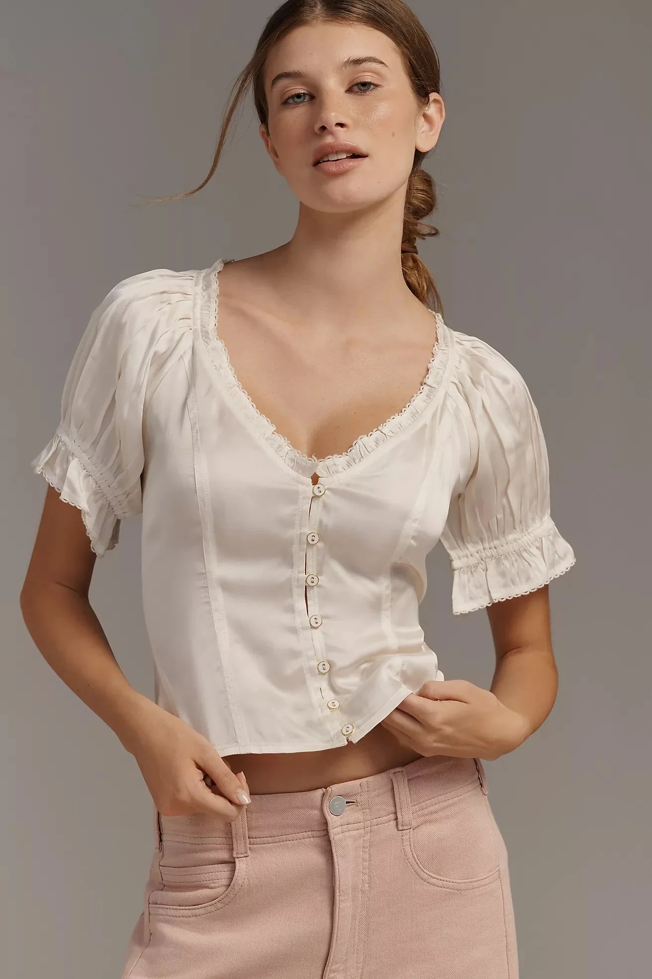 Anthropologie ivory puff sleeve blouse