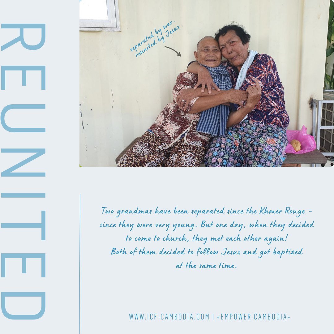 Separated by war. Reunited by Jesus!⁠
⁠
Two grandmothers separated by the Khmer Rouge who reunite at church after many years. ⁠
Their story is a powerful reminder of how faith can change lives and bring people together. Their example gives hope for a