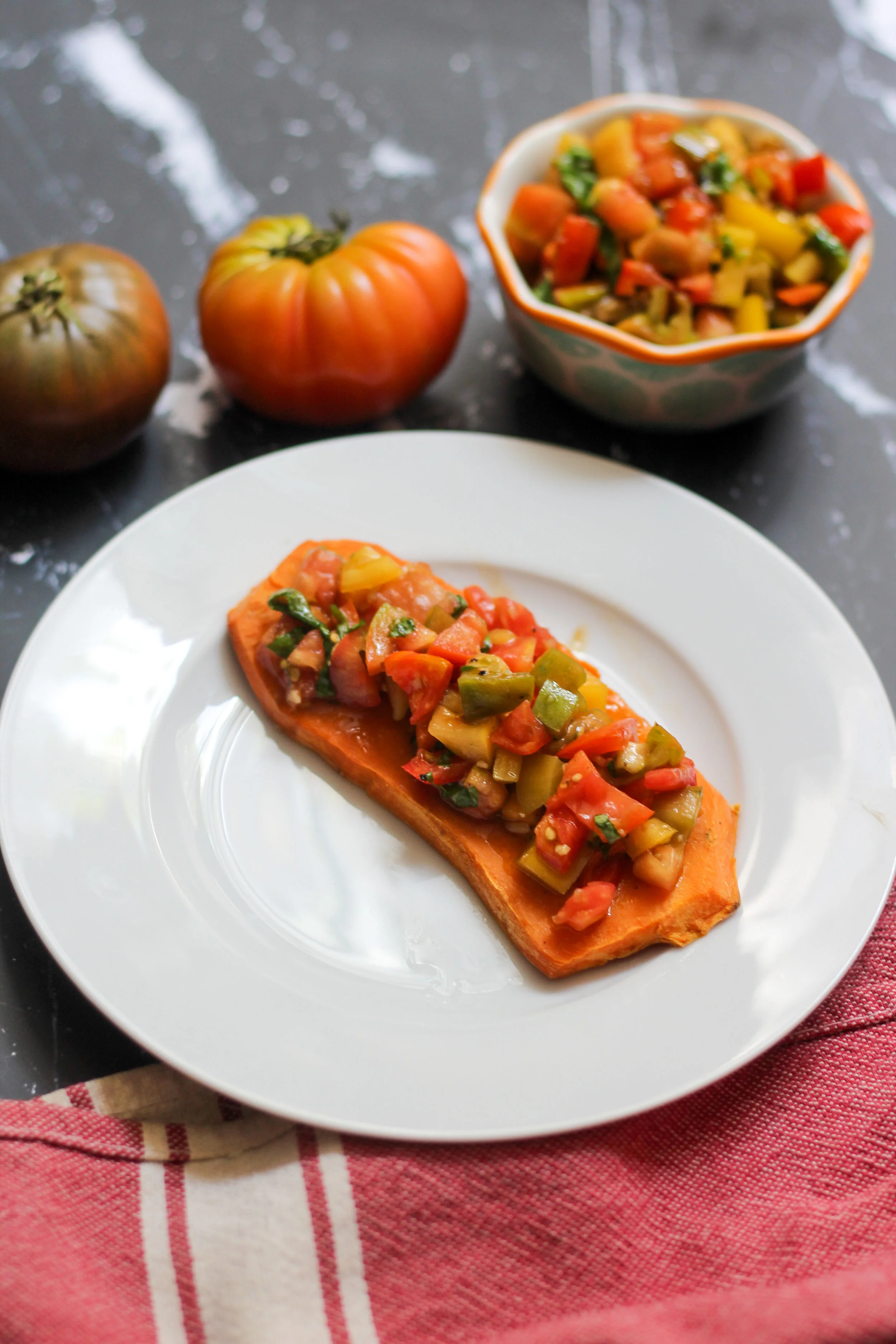Heirloom Tomato Bruschetta on Sweet Potato Toast (paleo/whole30)