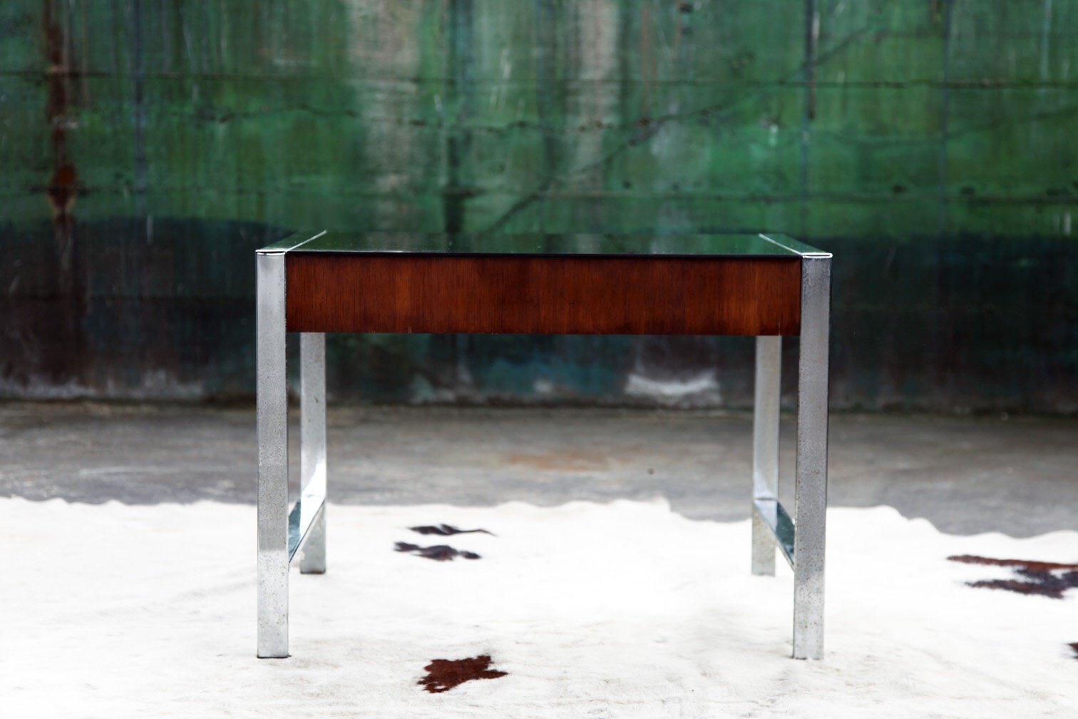 1960s MCM Mid Mod Baughman Chrome Smoked Glass Walnut End Coffee Table.