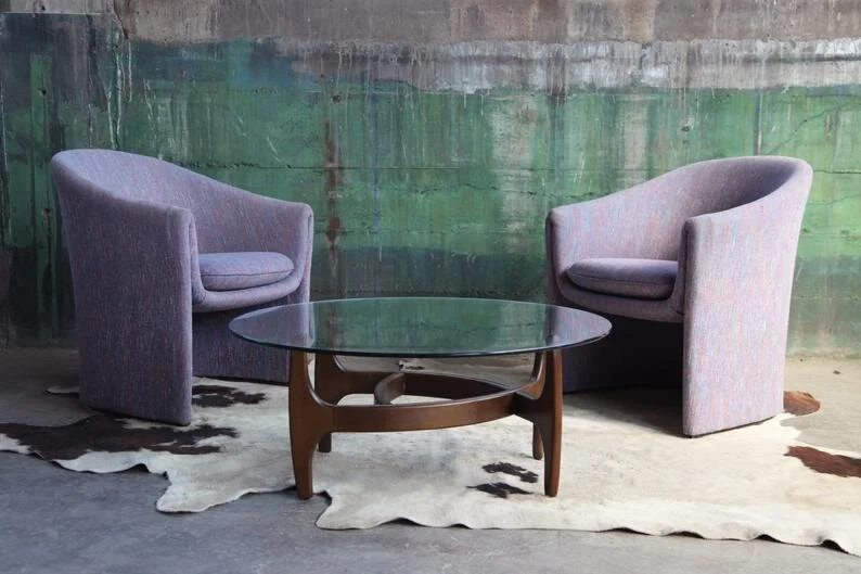 Two Kagan Post Modern Biomorphic MCM Freeform Armchairs. Adrian Pearsall coffee table.