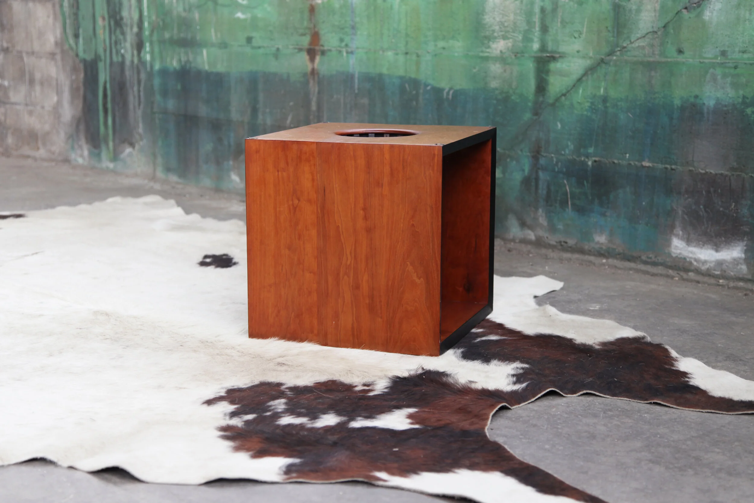 Sculptural Danish Modern Walnut Teak Cube Table base on rug. MCM Mod.