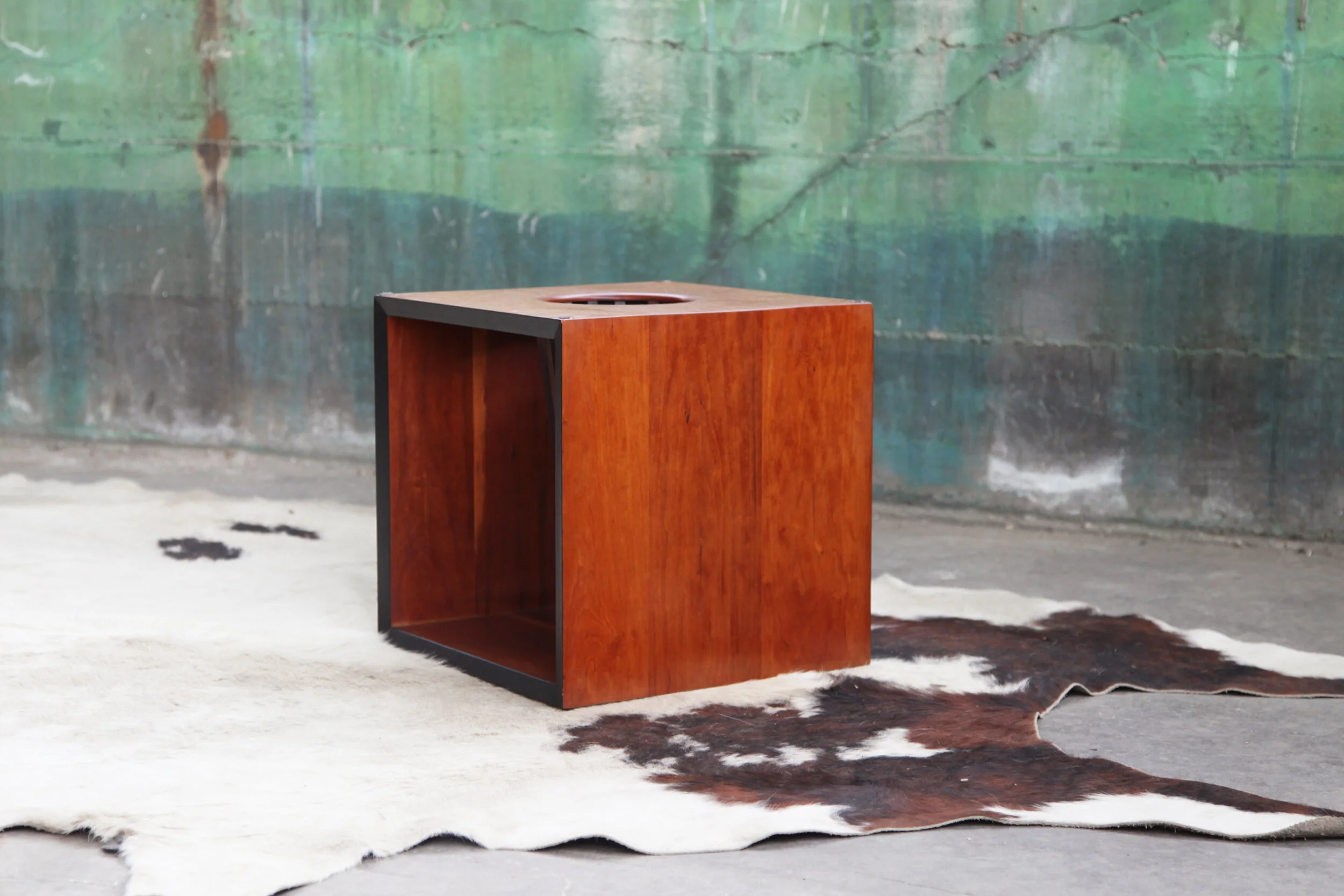 Danish Modern Sculptural Teak Walnut Cube Table base on rug. Midcentury Modern.