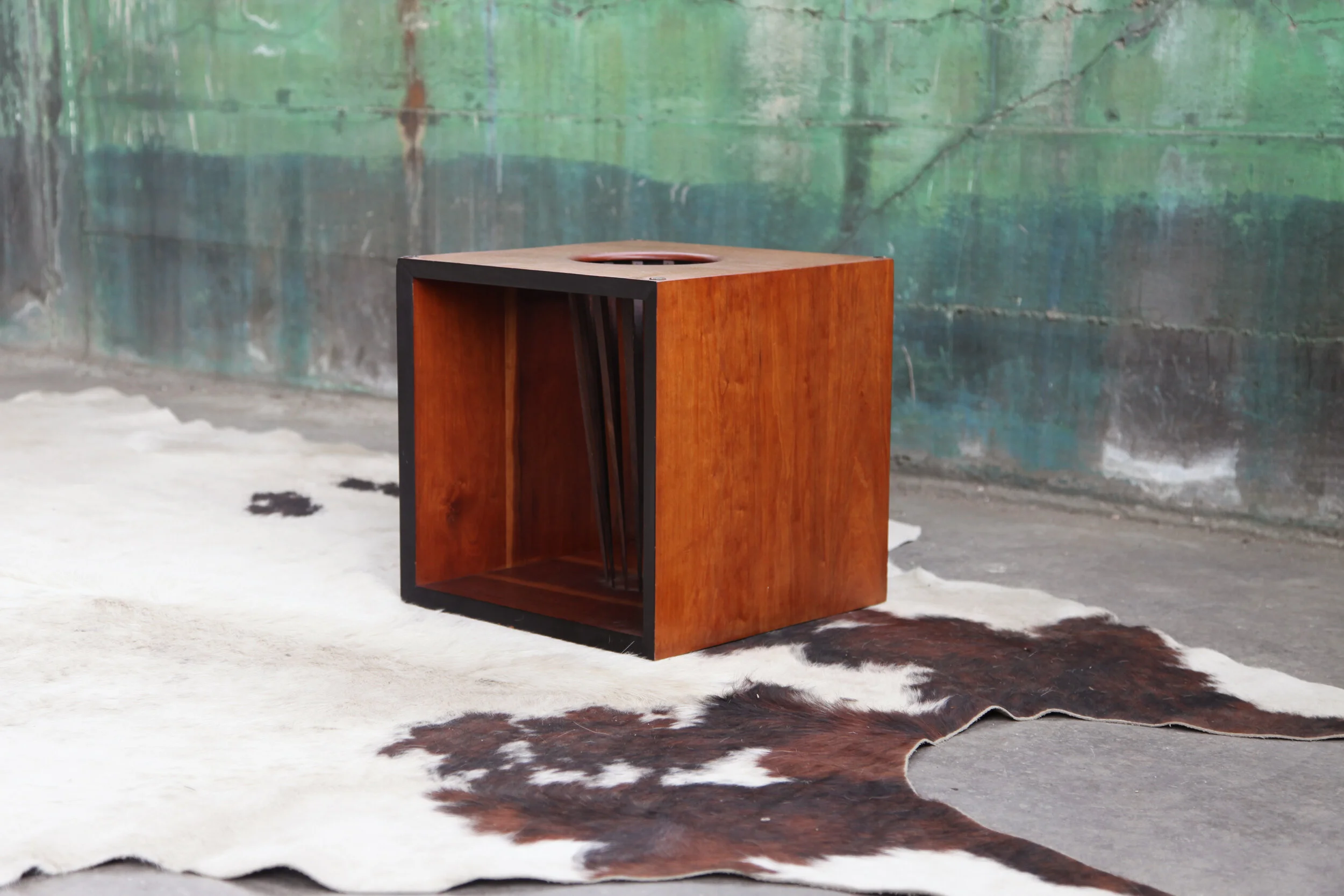 Sculptural Danish Modern Walnut Teak Cube Table base on rug. Midcentury Modern.