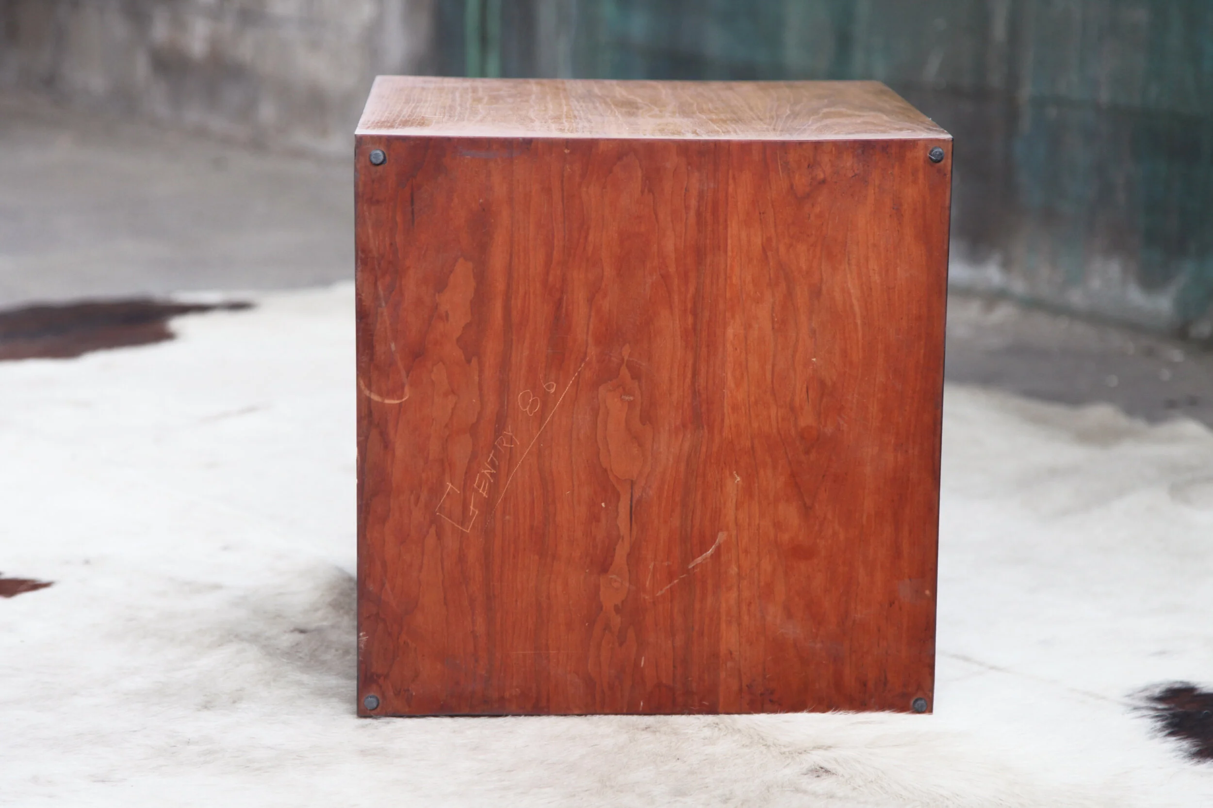 Sculptural Danish Modern Teak Walnut Cube Table base on rug. MCM Midcentury Modern.