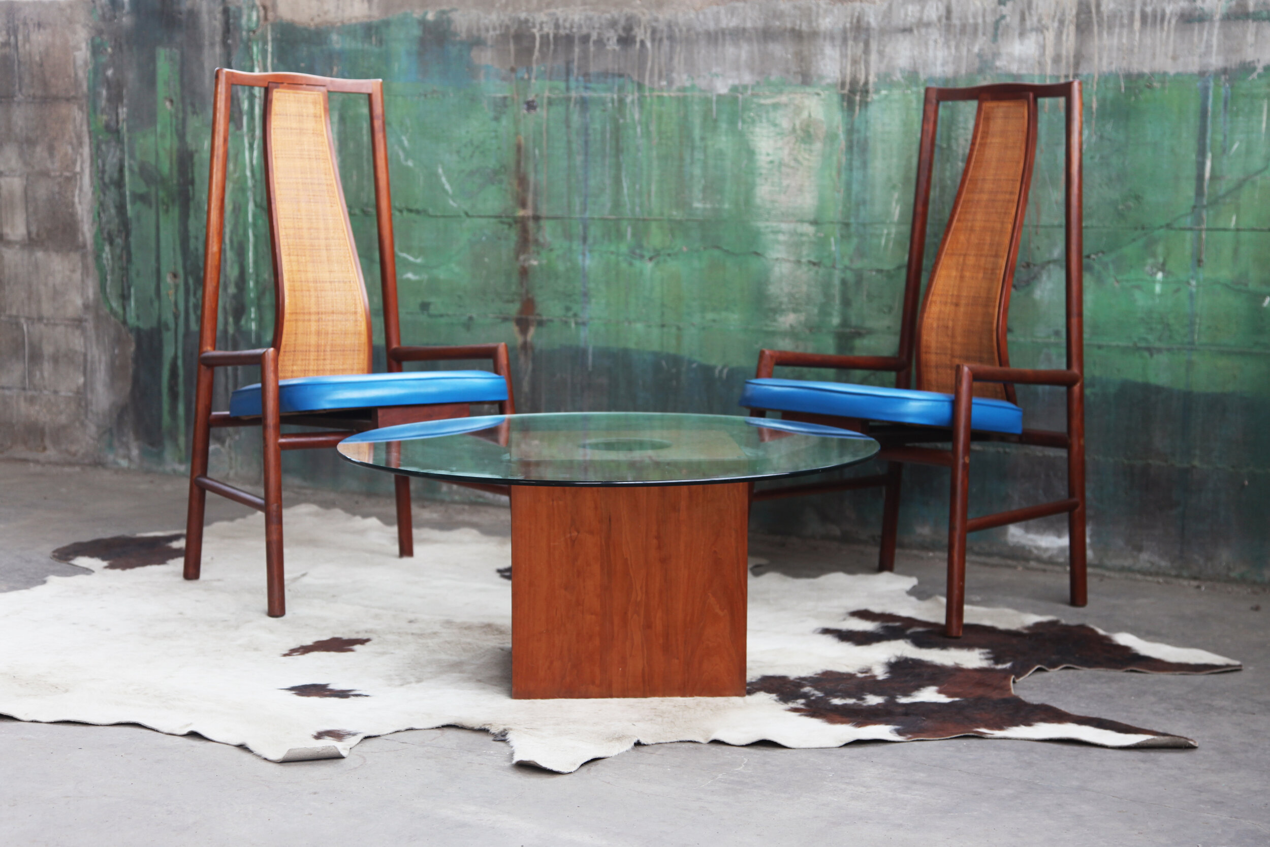 Danish Modern Teak Walnut Cube Table. Kristiansen MCM Mod Glass Top. Two chairs.
