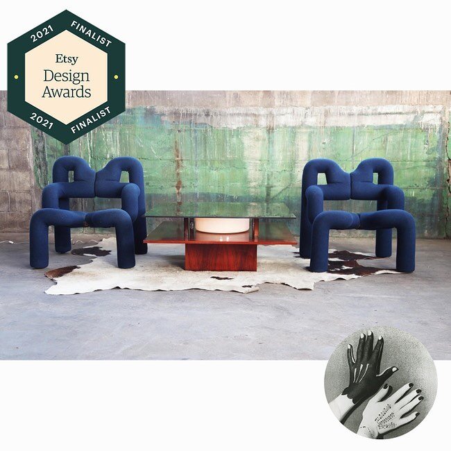We are thrilled to announce that Catch My Drift Vintage has been selected as a finalist in the 2021 Etsy Design Awards! 

Our product, &quot;PHENOMENAL Armchair by Terje Ekstrom Norway 80s McM Postmodern Lounge Chairs Blue (2 Avail)&quot; has been se
