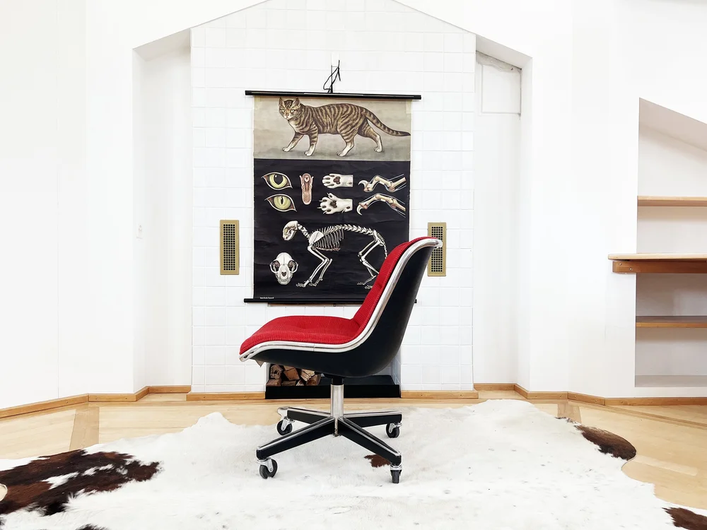 Mid Century Vintage 1970 Knoll Executive office Chair 70s Pollock Armchair  (Sold ONE CHROME Tufted Red Textile MCM Modern — Catch My