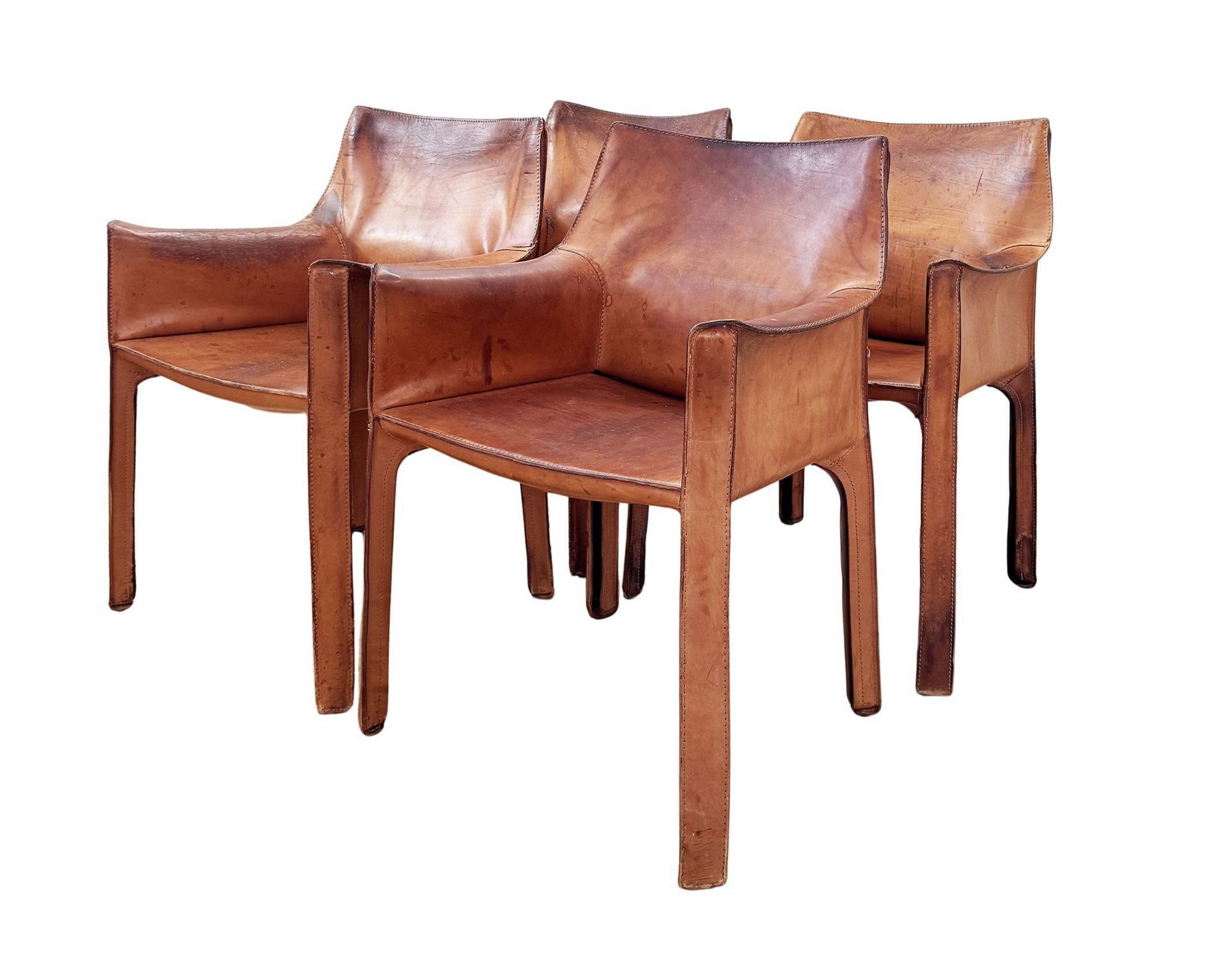 HOLD for Christina Simon Studio *** Set FOUR Vtg Cognac natural Brown Leather Cassina Cab 413 Armchair Bellini 4 pcs
