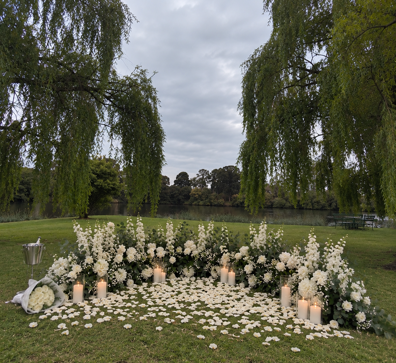 Romantic luxury floral setup featuring white rose arrangements, scattered rose petals by Perfect Proposals at Crittenden Winery