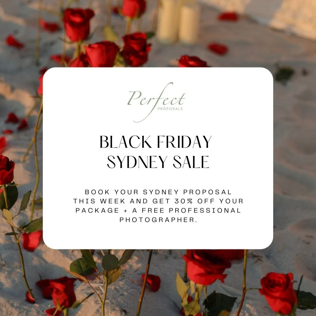 Black Friday Offer &mdash; Sydney Only
Book your Perfect Proposal this week and receive:
✔️ 30% off package price
✔️ FREE photographer included
Limited spots &mdash; enquire now to secure your date.