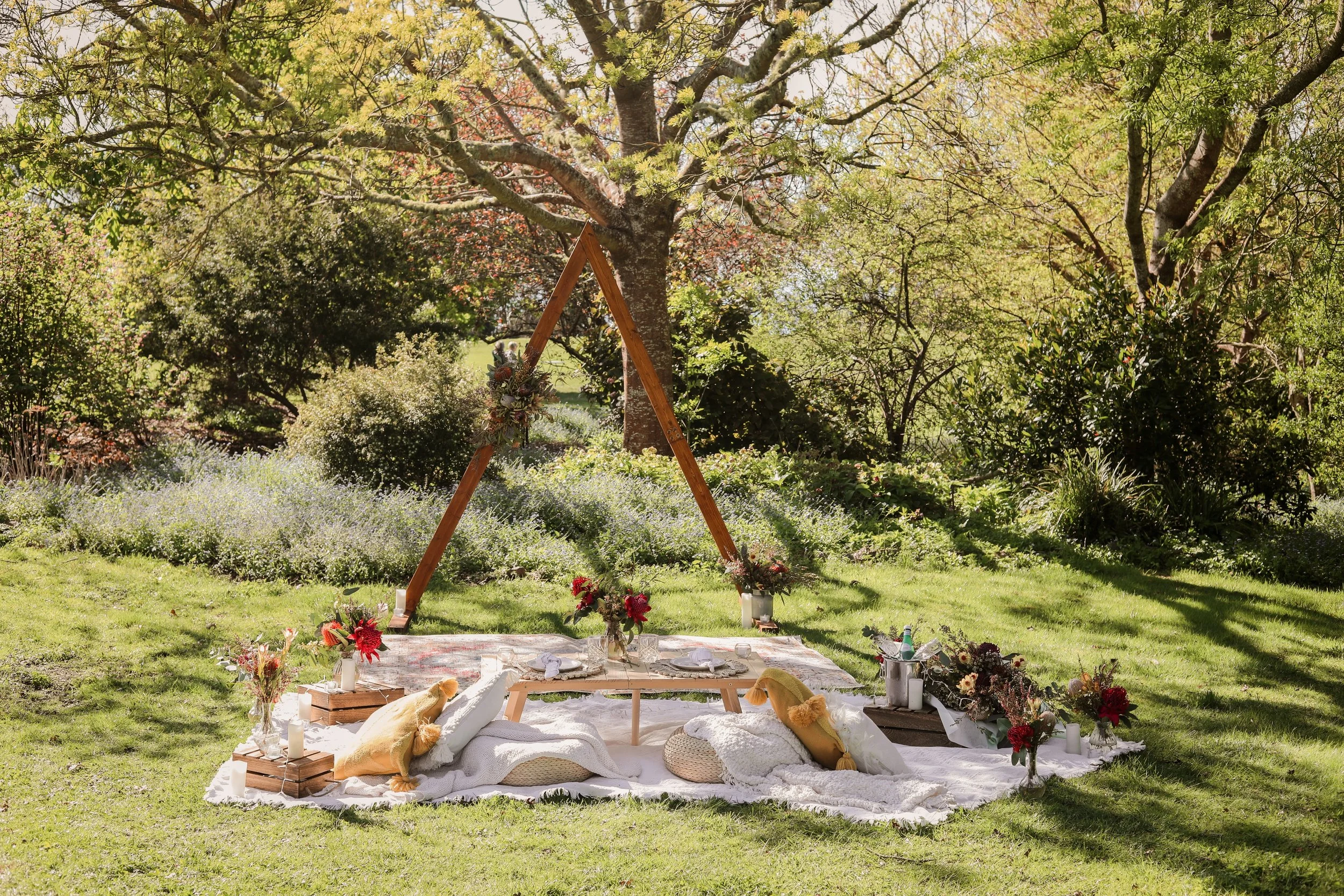 Mornington Peninsula luxury picnic proposal setup at Seawinds Gardens