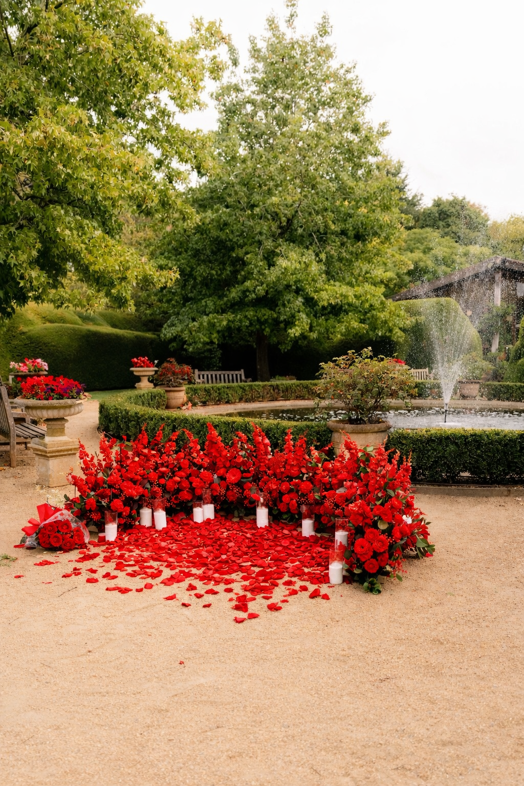 Luxury red rose proposal setup in Melbourne with candles and romantic styling