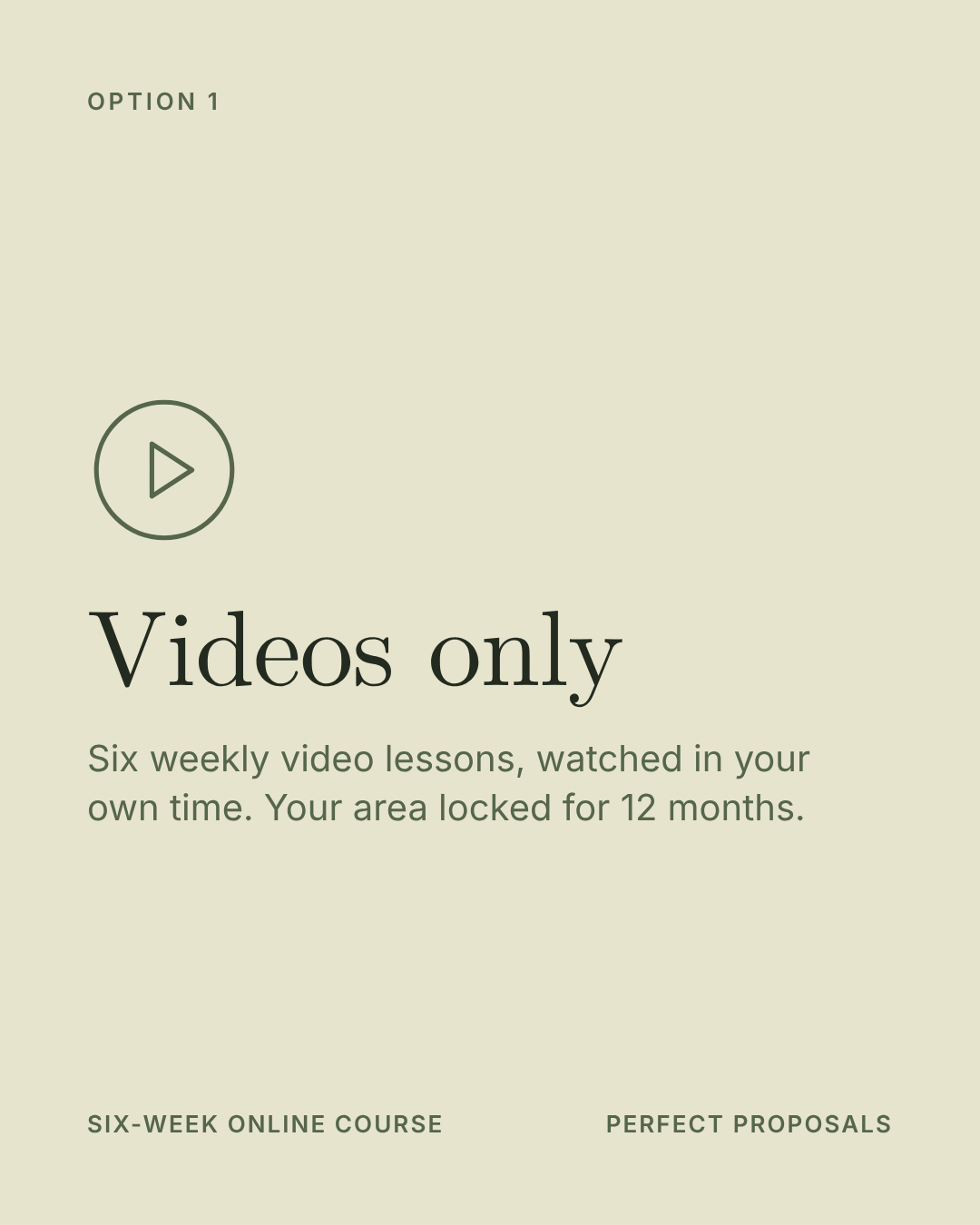 Videos only option: six weekly video lessons watched in your own time, with your area locked for 12 months