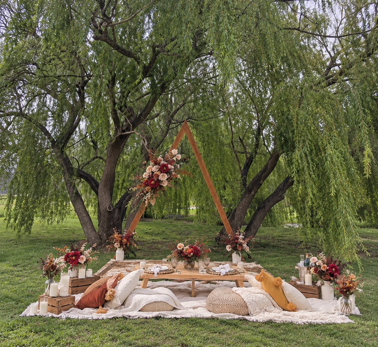 Crittenden Wines Boho Picnic Style Proposal under the wheeping willow trees
