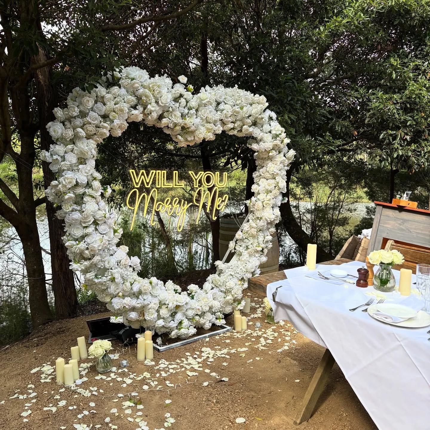 White heart set up for private picnic